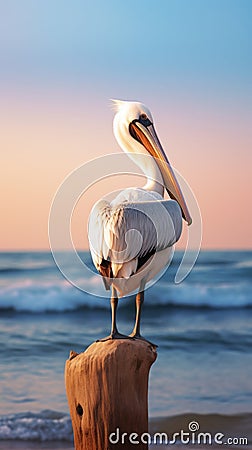 A pelican sitting on a stump on the beach, AI Stock Photo