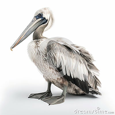 a pelican is standing on a white surface with its wings spread out and it's head turned to the side, with its beak open Stock Photo