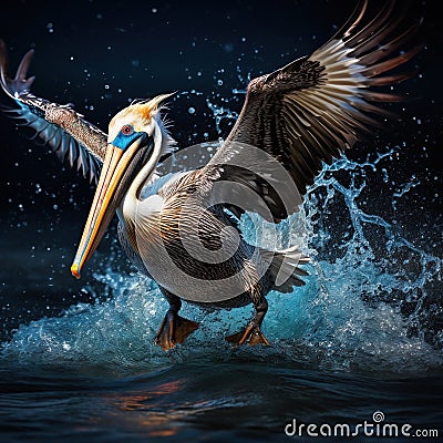 Pelican starting in the blue Brown Pelican splashing in bird in the dark nature Cartoon Illustration