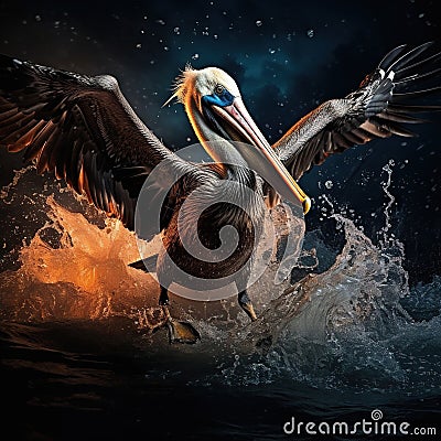 Pelican starting in the blue Brown Pelican splashing in bird in the dark nature Cartoon Illustration