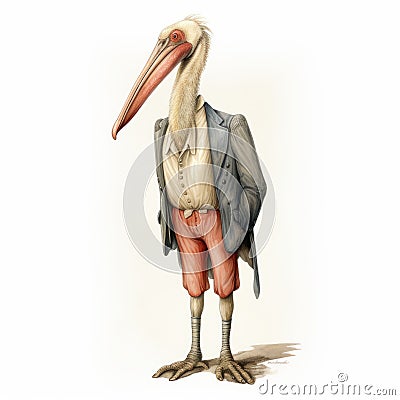 Vintage Watercolored Pelican Wearing 19th Century Style Suit Cartoon Illustration