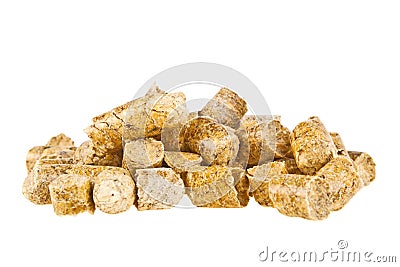 Pelleted compound feed isolated on white background, wheatfeed pellets Stock Photo