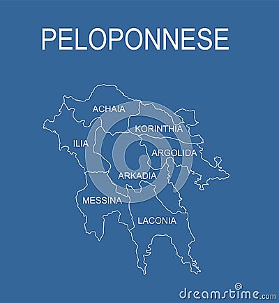 Peloponnese map vector line contour silhouette illustration isolated on blue background. Greek territory. Vector Illustration