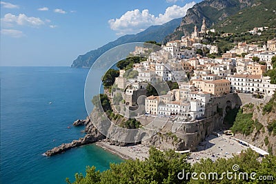 Pemandangan udara kota Amalfi di Pantai Amalfi, distrik Salerno, Italia Selatan.generative ai Stock Photo