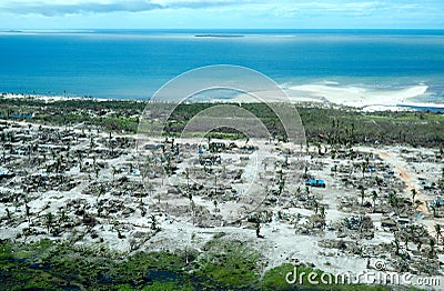 Pemba, Mozambique - 1 May 2019 : Aerial view of devastated fishing village after Cyclone Kenneth in northern Mozambique Editorial Stock Photo