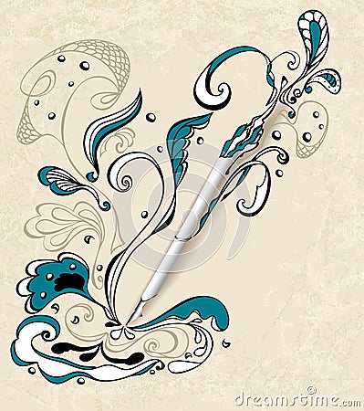 Pen with abstract drawing on grunge beige backgrou Vector Illustration