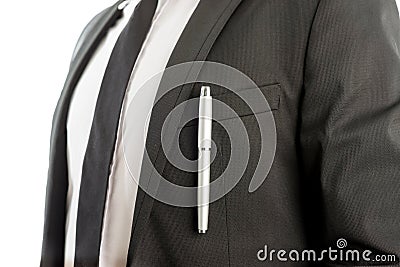 Pen Clipped on Suit Pocket of a Businessman Stock Photo