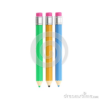 Pen 3d render set - school pencil, study write element and art education green symbol. Simple draw office object Stock Photo