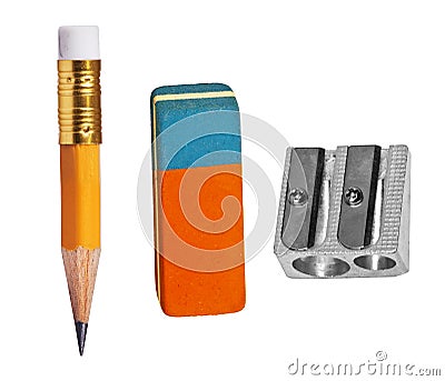 Pen, eraser and sharpener Stock Photo