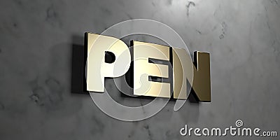 Pen - Gold sign mounted on glossy marble wall - 3D rendered royalty free stock illustration Cartoon Illustration