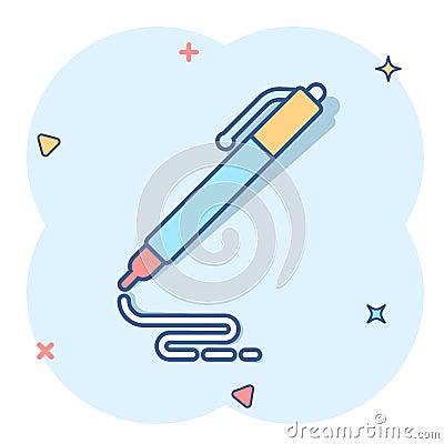 Pen icon in comic style. Ballpoint vector cartoon illustration on white isolated background. Office stationery splash effect Vector Illustration