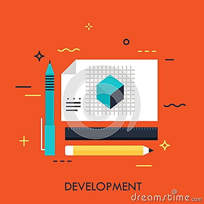 Pen, pencil, ruler and engineer drawing flat design banner, usage for development, designing, engineering. Vector Illustration