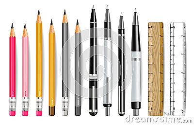 Pen, pencil and ruler Vector realistic set. 3d detailed illustrations Vector Illustration