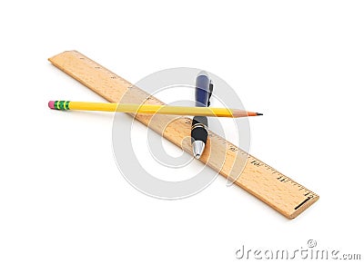 Pen, pencil and ruler Stock Photo