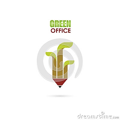 Pen or Pencil sign and green leafs icon vector logo design template.Green Office Template Design.Green office idea Vector Illustration