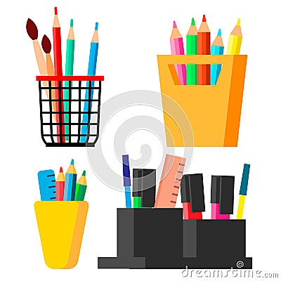 Pen Stand Set Vector. Brush, Pencil, Paint Brush. Isolated Cartoon Illustration Vector Illustration