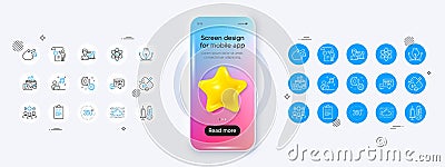 Pen tool, Music and Folate vitamin line icons. For web app, printing. Phone mockup with 3d star icon. Vector Vector Illustration
