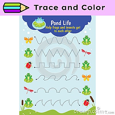 Pen tracing lines activity worksheet for children. Pencil control for kids practicing motoric skills. Frog educational Vector Illustration