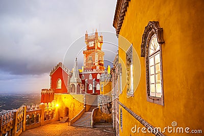 Pena Palace in Sintra, Lisbon, Portugal in the night lights. Famous landmark. Most beautiful castles in Europe Stock Photo