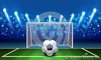 Penalty kick. Realistic soccer ball lying on grass front empty football goal, goalkeeper place, sport stadium with Vector Illustration