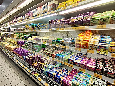 A variety of cheeses and butter are displayed on sales shelves in hypermarkets. Editorial Stock Photo