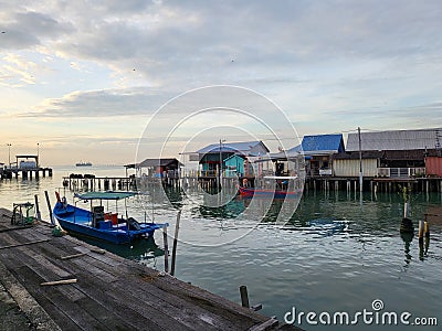 Penang, Malaysia - 28 NOVEMBER 2021 : Morning view in Lim jetty, residential area and tourist attraction in George Town. Editorial Stock Photo