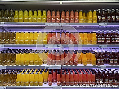 Penang, Malaysia - October 7, 2020 : Assorted colorful drinks on display shelves for consumers to buy at IKEA Batu Kawan Editorial Stock Photo