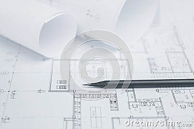Pencil on architectural drawing paper and rolls for constr Stock Photo