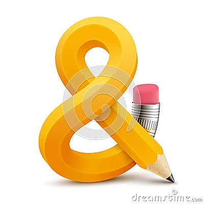 Pencil bent into an ampersand sign with pink eraser and metal clamp. Vector realistic isolated illustration Vector Illustration