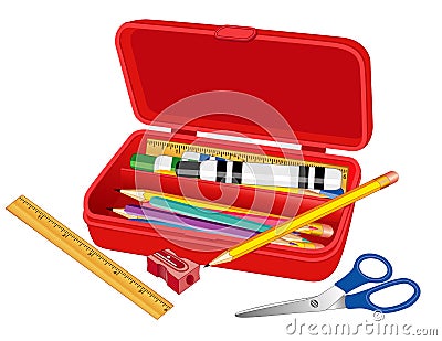 Pencil Box with School Supplies Vector Illustration