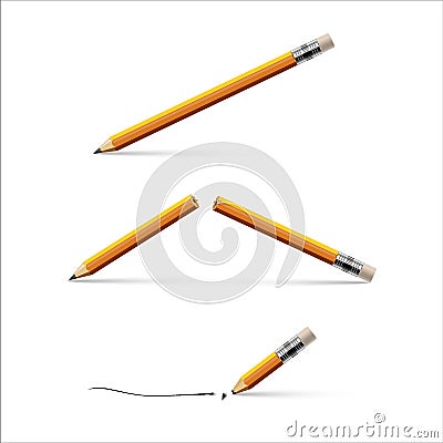 Pencil, broken pencil and pencil with a broken tip isolated on white background. Vector realistic illustration. Vector Illustration