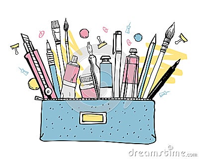 Pencil case with art materials. Brushes, tubes, pens and pencils. Hand drawn sketch vector colorful illustration Vector Illustration