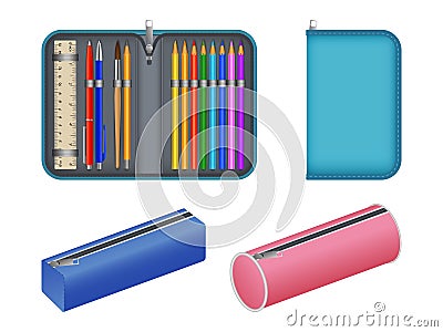 Pencil case icons set, realistic style Vector Illustration