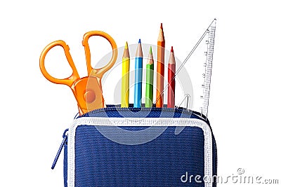 Pencil Case Scissors Ruler isolated Stock Photo