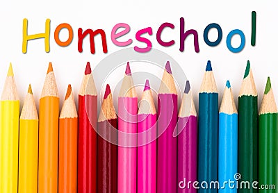 Pencil Crayons with text Homeschool Stock Photo