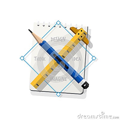 Pencil cross ruler with sketchbook. symbol of design. Personal S Vector Illustration