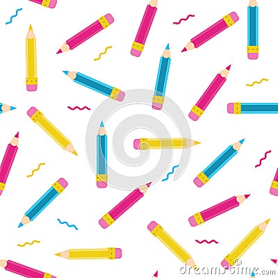 Pencil doodle Seamless vector pattern. Cartoon, yellow, pink, blue, cyan Vector Illustration