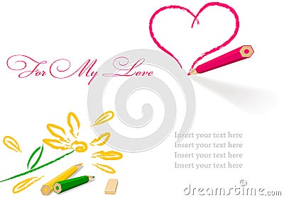 Pencil draw heart and flower Vector Illustration