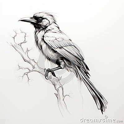 Black And White Bird Drawing: Hyper-realistic Animal Illustration By Ryu Tsukaishi Stock Photo