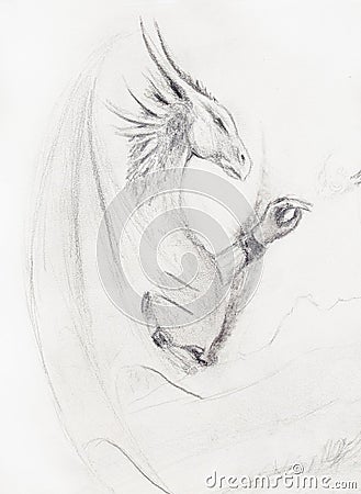 Pencil drawing dragon on old paper background. Stock Photo