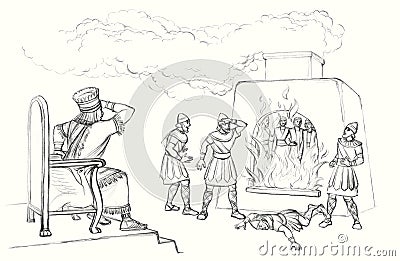 Pencil drawing. King Nebuchadnezzar ordered Shadrach, Meshach and Abednego to be thrown into the furnace Stock Photo