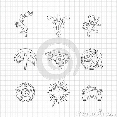 Pencil drawing line heraldic animals Vector Illustration