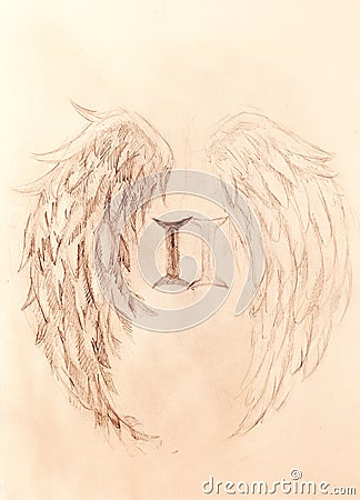 Pencil drawing on old paper. angel wings and rome number, Sepia color. Stock Photo