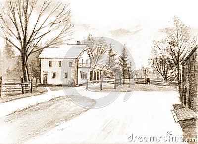 Pencil drawing on paper of the Half Way House. Black Creek Pioneer Village. Heritage museum in Toronto, Ontario, Canada. Stock Photo