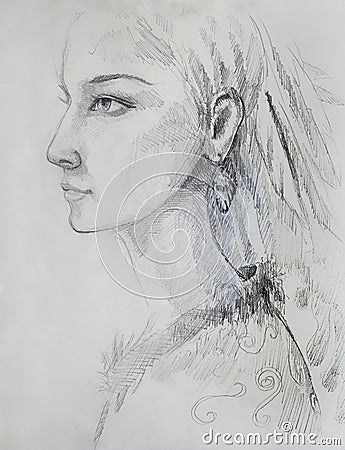 Pencil drawing on paper, indian woman and feathers in hair. Stock Photo