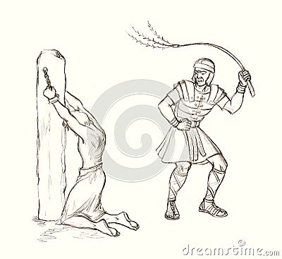 Pencil drawing. Punishment torture by flagellation Stock Photo