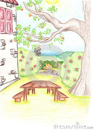 Pencil drawing of tree and house with the small garden Stock Photo