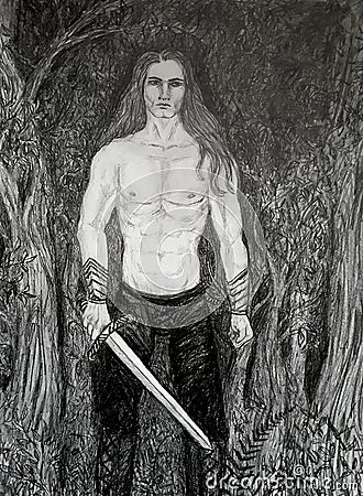Pencil drawing, a warrior with a sword in the forest Stock Photo
