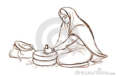 Pencil drawing. Woman working with a millstone Stock Photo