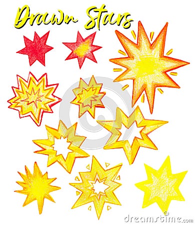 Pencil drawn yellow stars clipart, starry elements, hand drawn stars objects, isolated, stickers, red stars Stock Photo